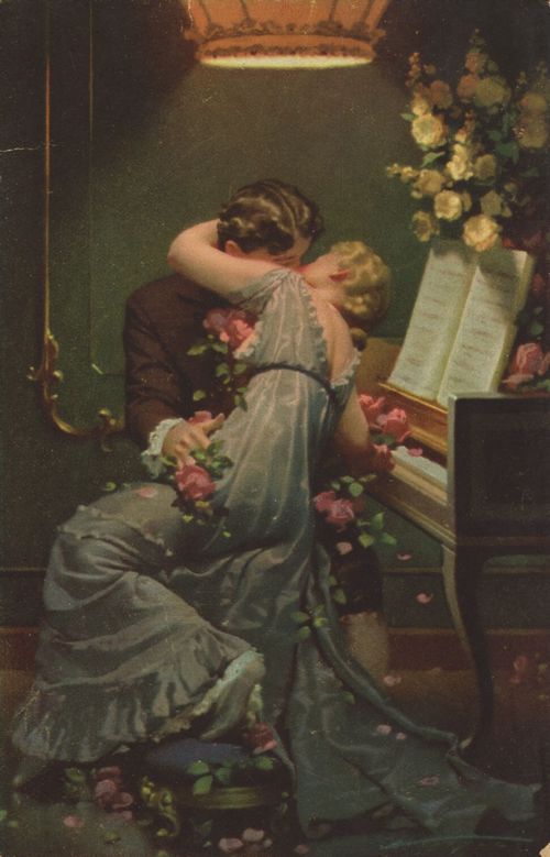 Unknown Artist - Lovers Kissing At A Piano, Postcard Image, c.1900